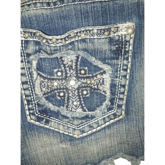 Y2K Sound Girl Distressed Embroidered Raw Hem BoHo Edgy Blue Jean Shorts 13 - Picture 3 of 8